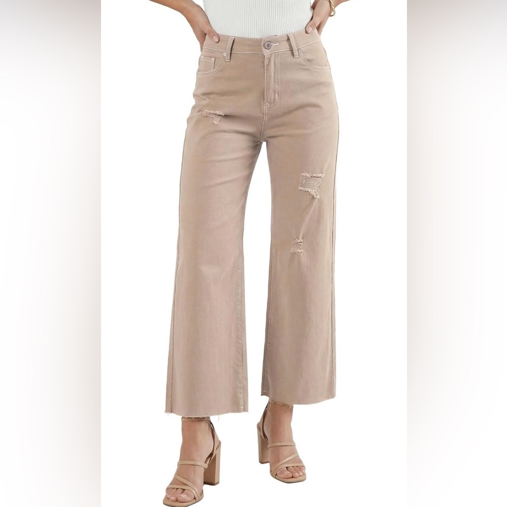 Cropped Beige Khaki Tan Distressed Women Jeans, Size 4